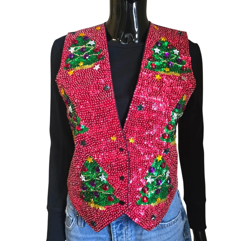 Vintage 90s JC Christmas Tree Sequin and Jewel Vest | Size Small - Picture 17 of 17
